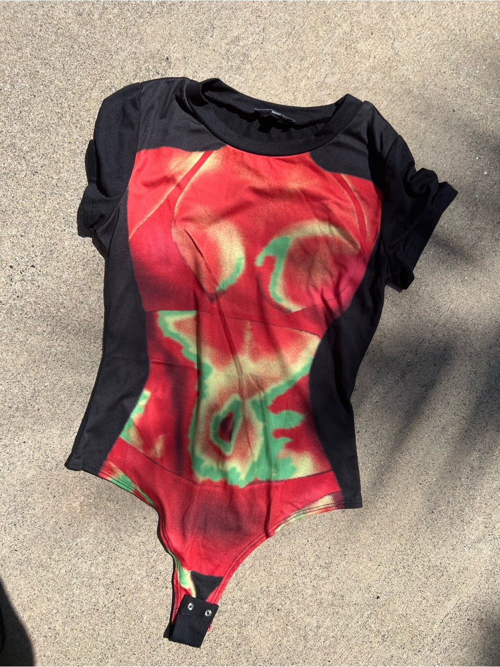 Fashion Nova Black Bodysuit with Red and Green Graphic Front
